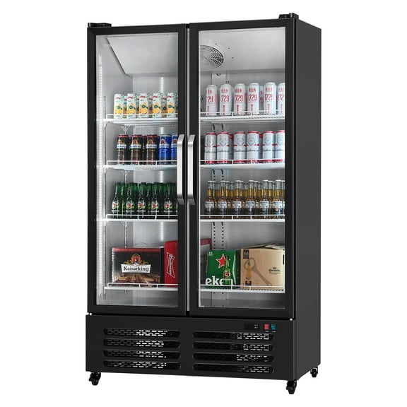 VEVOR Commercial Merchandiser Refrigerator, 26.69 CU.FT Double Glass Door Display Refrigerator, Beverage Refrigerator Cooler Merchandiser with 8 Adjustable Shelves, Casters, Soft LED Light, Black