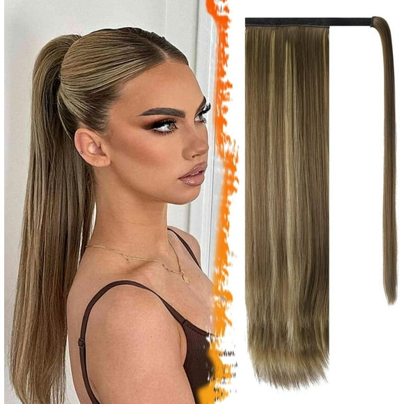shiyou-Highlight Straight Wrap Ponytail Extension - 30 Inch Long Straight Wrap Around Ponytail for Women, Clip in Ponytail Extensions Synthetic Highlight Pony Tails Hairpieces