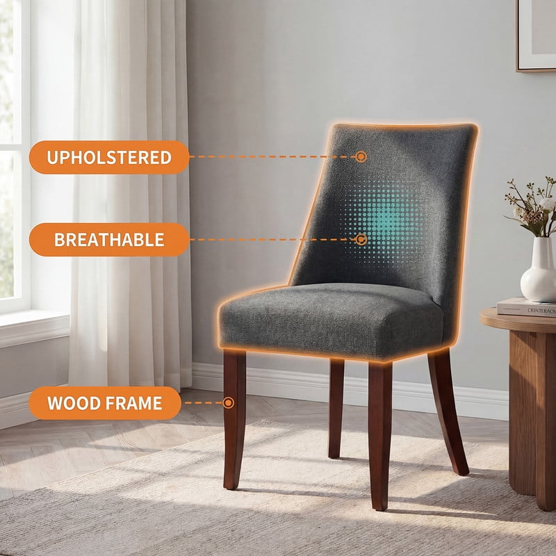 COLAMY Upholstered Dining Chairs Set of 2, Mid Century Modern Fabric Kitchen Chairs with 19.88" Seat Height and Wood Legs, Comfy Side Chairs, Dark Grey
