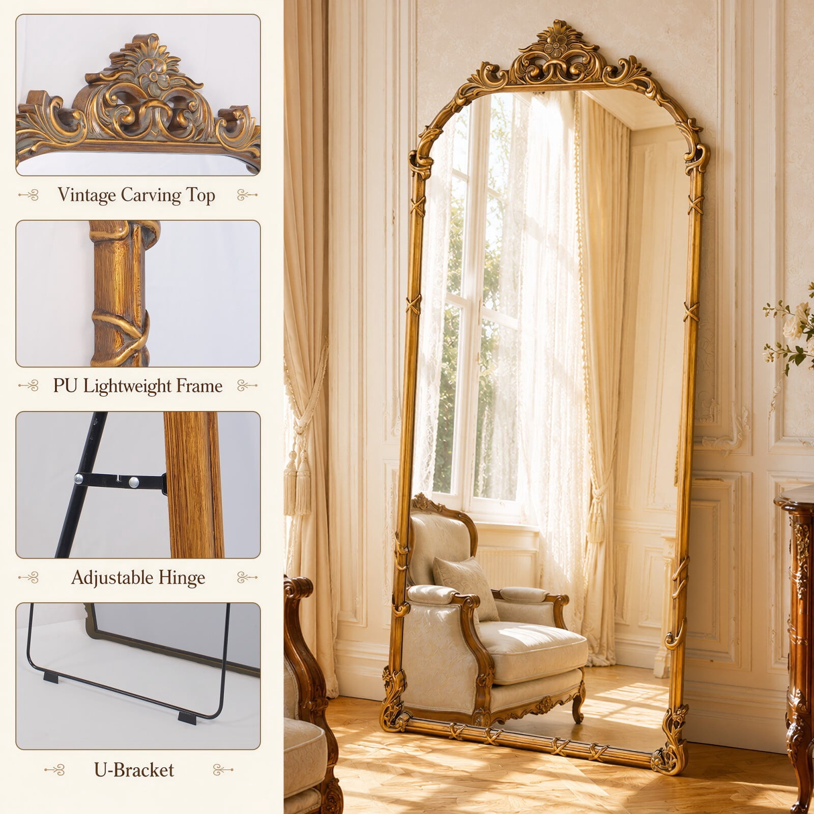 Easy4Home 71"x32" Arched Full-Length Floor Mirror Baroque Scroll Carved Standing Mirror, Antique Gold
