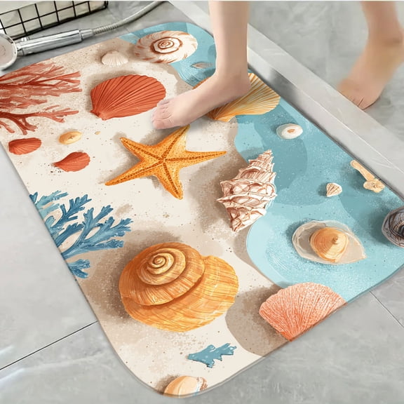 1pc Seashells on Beach Absorbent Non-Slip Bathroom Thickened Flannel Rug Decor,Soft,Quick Drying,Suitable For Indoor/outdoor Use,Bathrooms,Bedrooms,Kitchens,Terrace,Laundry Rooms,16"x24"