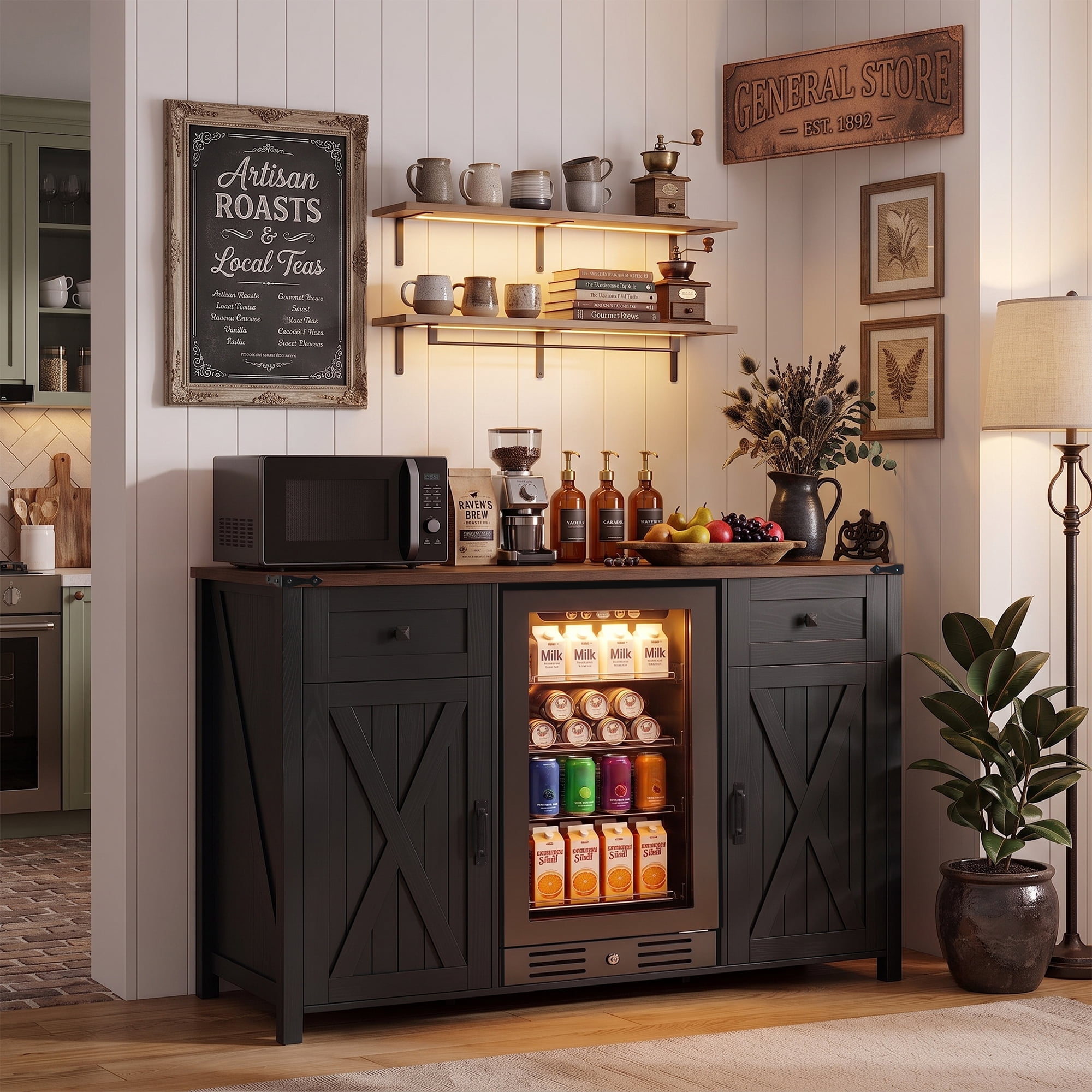 Mintazer 53.2" Farmhouse Coffee Bar Cabinet with Fridge Space & Charging Station, Barn Doors Sideboard Buffet Storage Cabinet with Drawers & Wine Glass Rack for Kitchen Dining Room Home Bar, Black