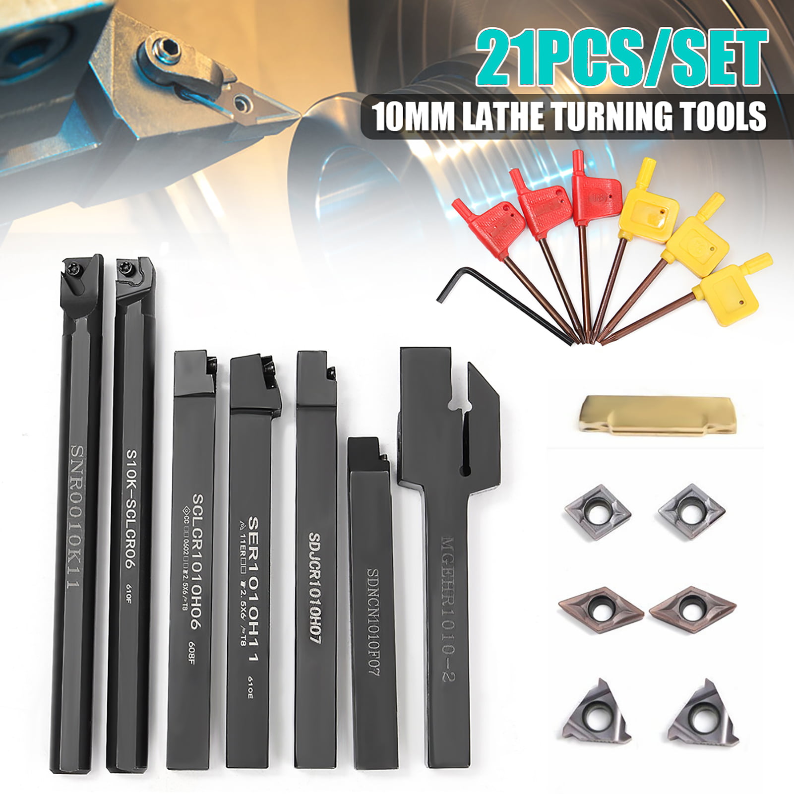 7 Set 10mm Shank Lathe Turning Tool Holder Boring Bar Carbide Insert Kits