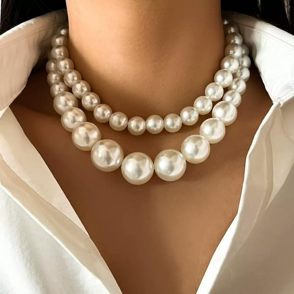 HOOUN Women's Fashion Jewelry White Thick Pearl Double Layer Choker Necklace