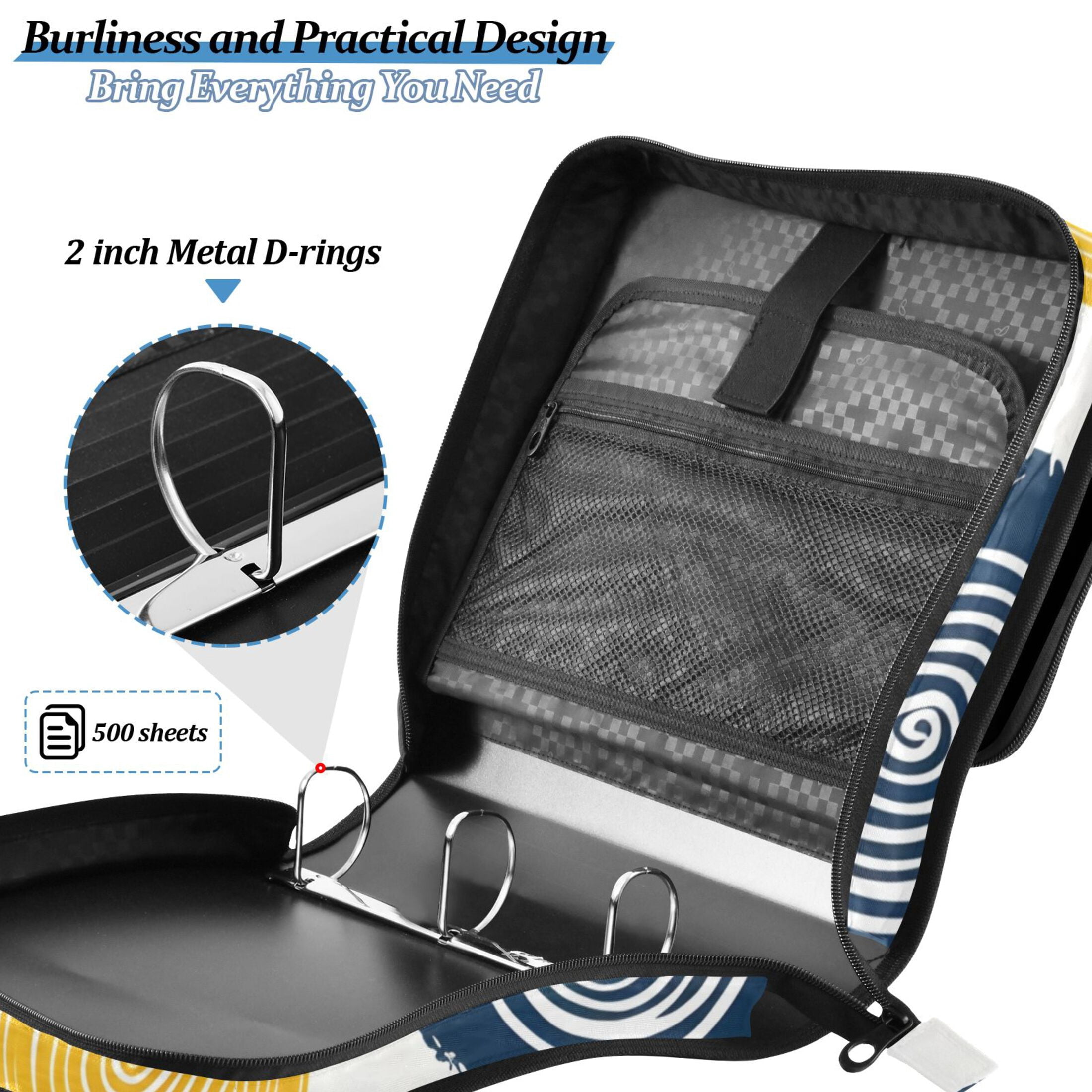 3 Ring Zipper Binder with Shoulder Strap Waterproof Trapper Keeper 2 Inch D-Ring 500 Sheets Capacity Abstract Circle and Dots