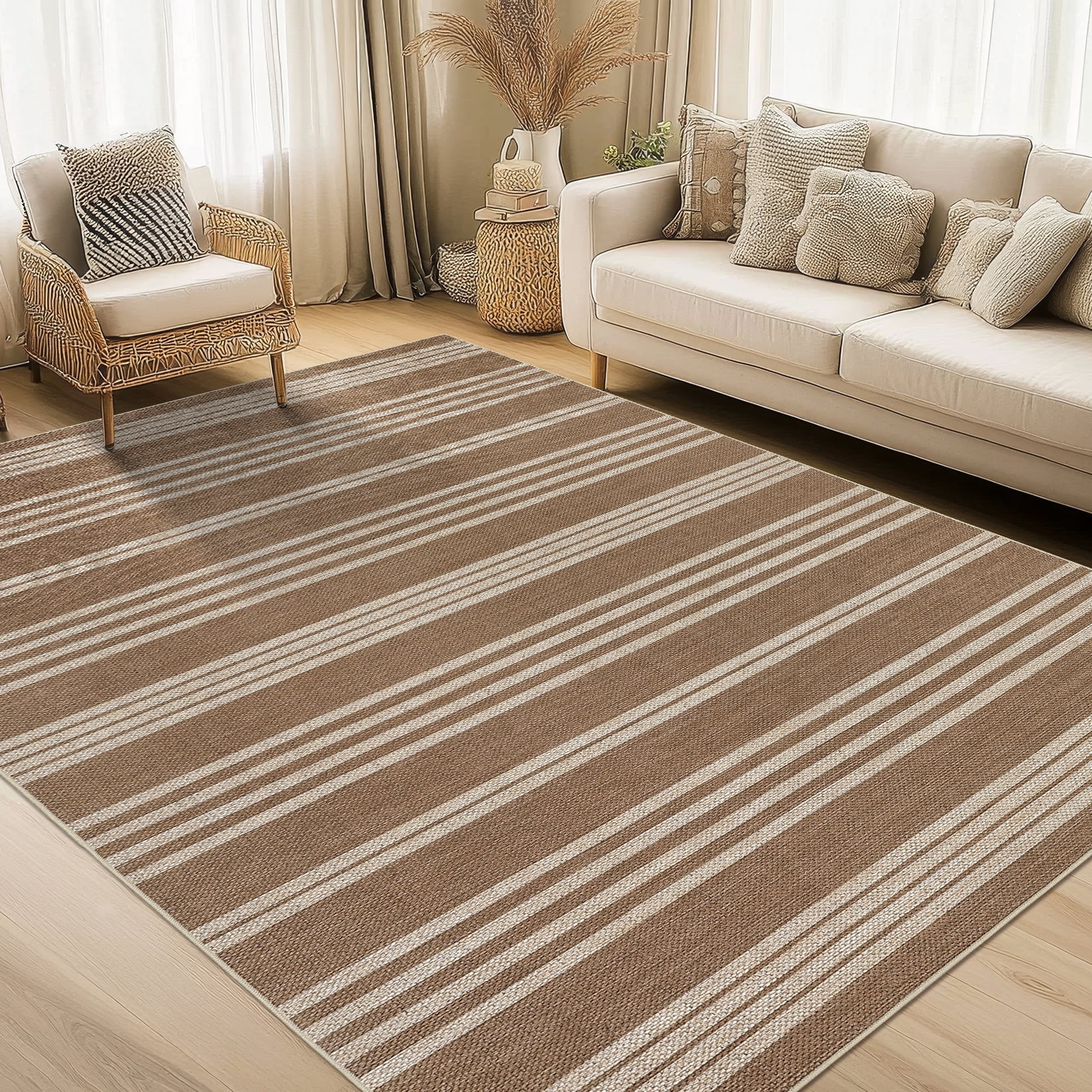 Hasoo Easy Jute Striped Area Rug for Living Room Washable 4' x 6' Non Shedding Neutral Indoor/Outdoor Decor Carpet, White/Brown