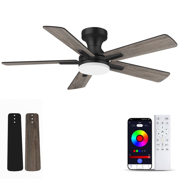 42” Smart Wood Flush Mount Ceiling Fans with Lights Remote,Quiet DC Motor,Outdoor Indoor Low Profile Ceiling Fan,App Control,Dimmable,6-speed,for Modern Bedroom Patio
