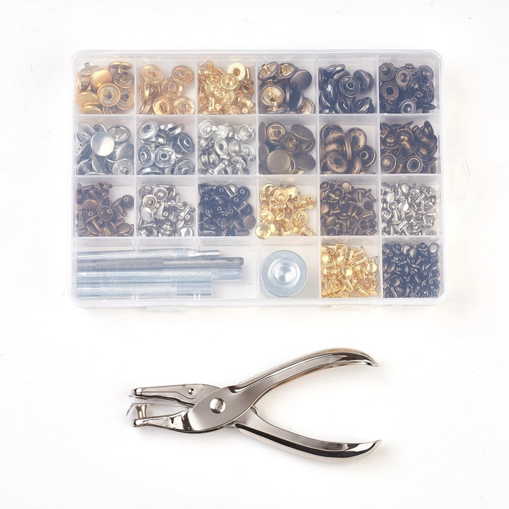 1 box Metal Jewelry Buttons Fastener Install Tool sets with Snap Buttons and Rivet Fixing Tool Pliers and Plastic Packing box Mixed color 19x13.1x2.2cm 4colors/box 10sets/color
