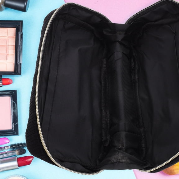 ELAYARD Large Capacity Black Corduroy Travel Makeup Bag Cosmetic Organizer for Skincare and Beauty Essentials