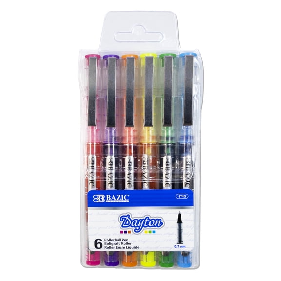 BAZIC Dayton Rollerball Pens, Metal Clip, 0.7mm Fine, 6 Colors