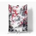 thumbnail image 4 of Japanese Cherry Blossom Throw Blanket, Asian Nature Landscape Mountain Cherry Branches Ink Painting Soft Warm Flannel Black White Grey Throw Blanket,60X80, 4 of 5