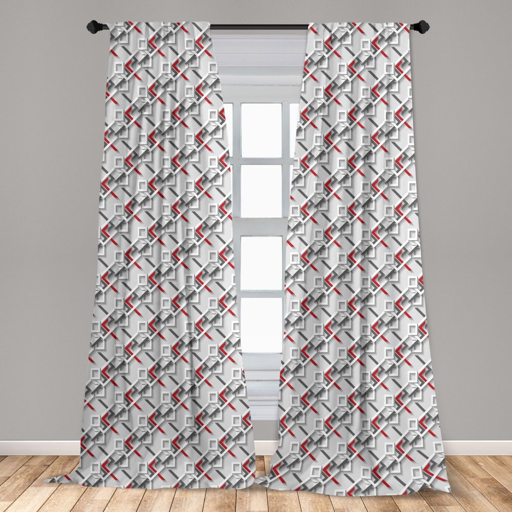 Geometric Curtains 2 Panels Set, Complex Grid Pattern with Modern