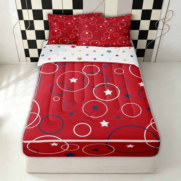 Erosebridal Patriotic Circle Star Print Zipper Twin Comforter Sets with Fitted Sheet and 2 Pillowcases for Girls, Red USA Zipper Bedding Set, Polkadot Reversible, 4-Piece