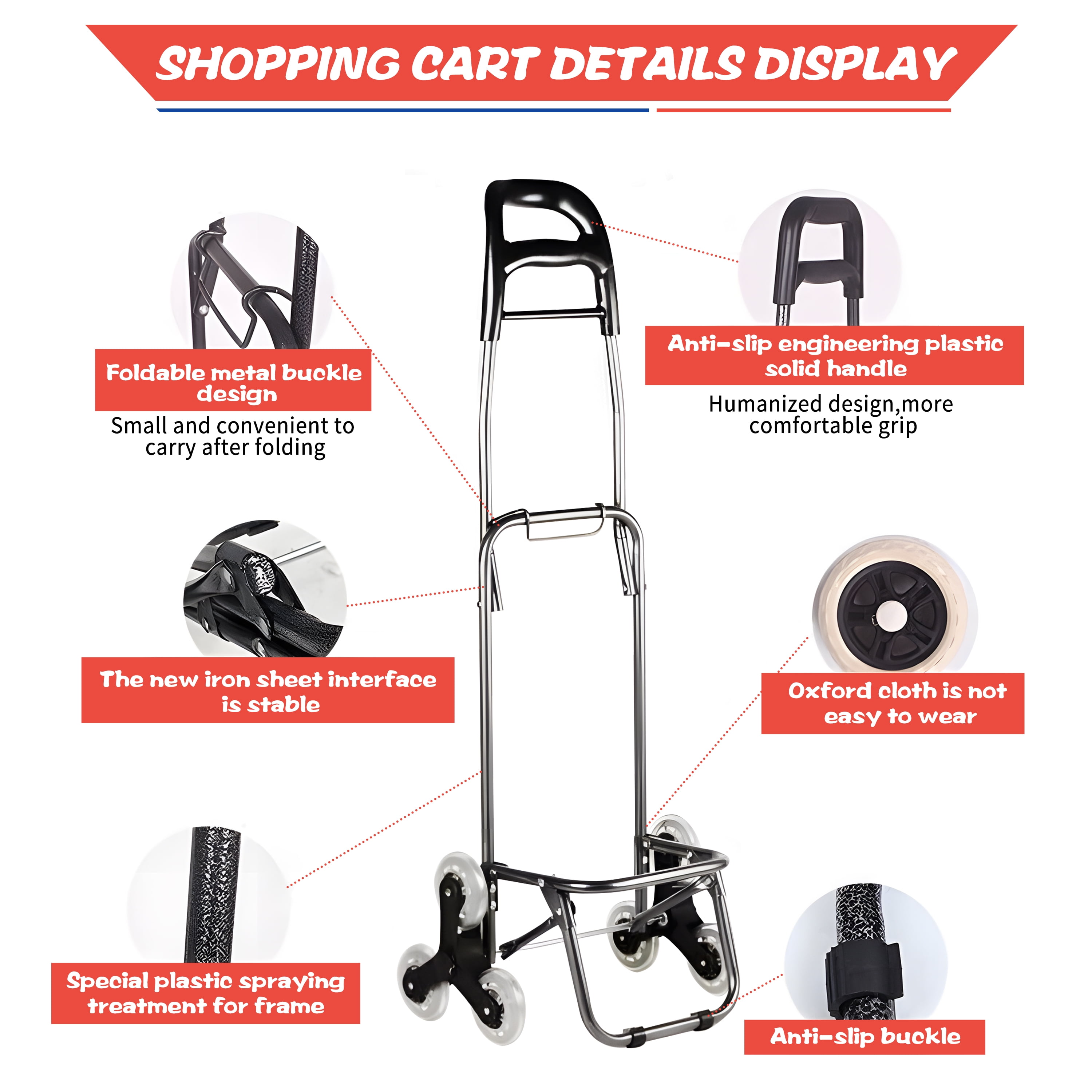 WZCPCV Foldable Stairs Climber Shopping Cart, Grocery Cart on Wheels,Heavy Duty Utility Cart Trolley, 2-in-1 Tri-Wheels Climbing Carts with Detachable Oxford Bag,Blue