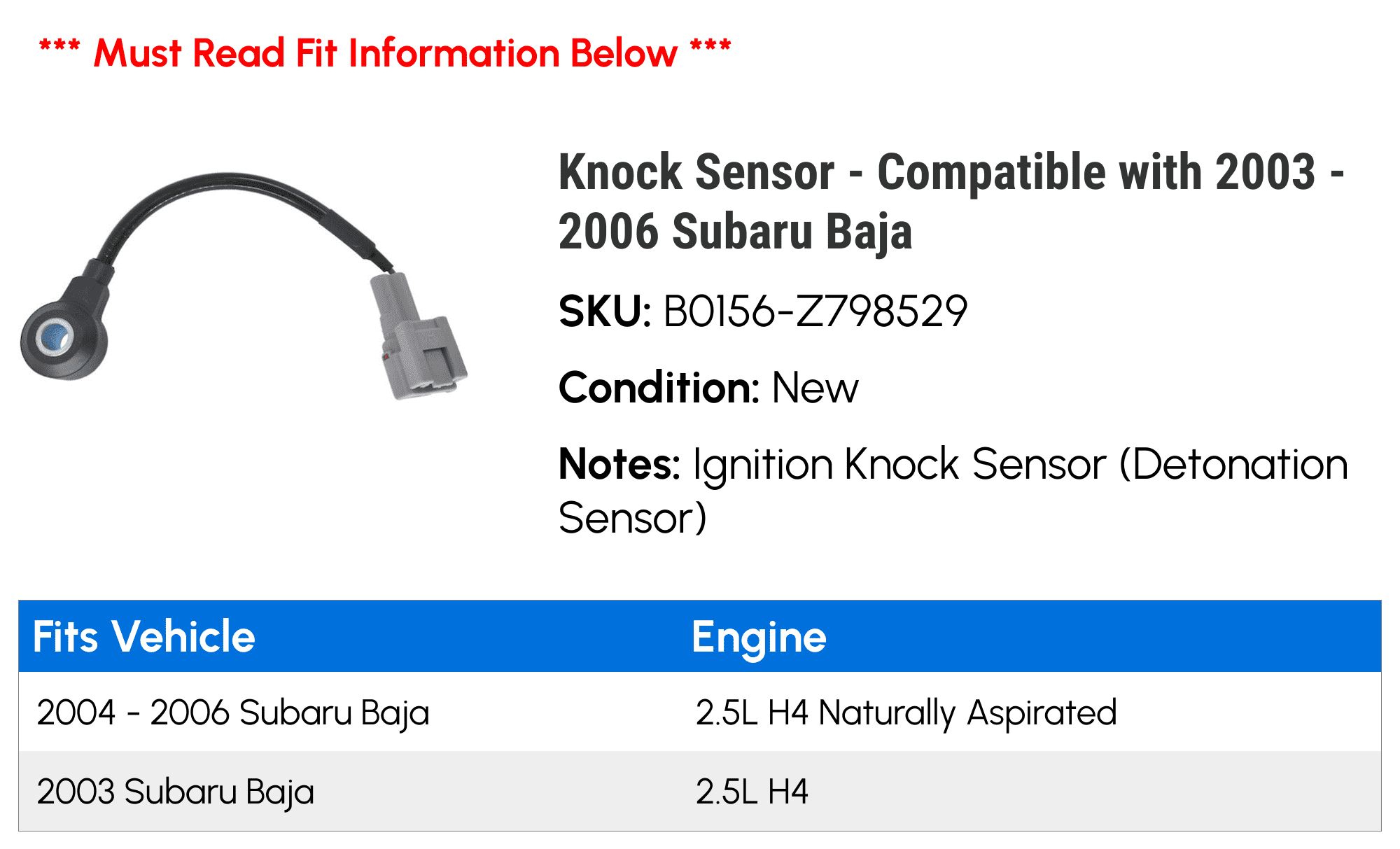 Knock Sensor - Compatible with 2003 - 2006 Subaru Baja 2004 2005