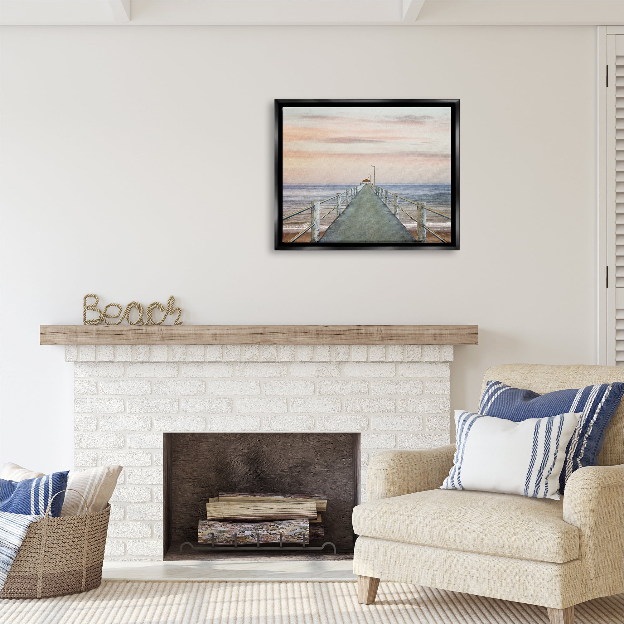 Stupell Industries Nautical Pier Walkway Landscape Painting Black Floater Framed Canvas Art Print Wall Art, 31 x 25