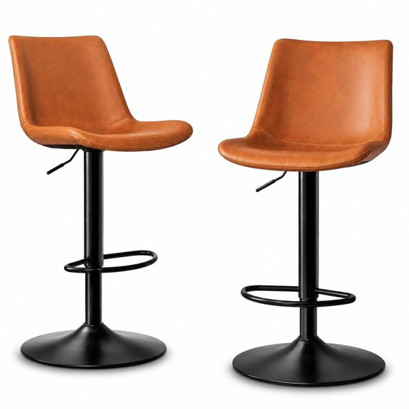Vintage Leather Bar Stools Set of 2, Distressed Pub Chairs with Footrest, 26-Inch Seat Height for Kitchen Counter