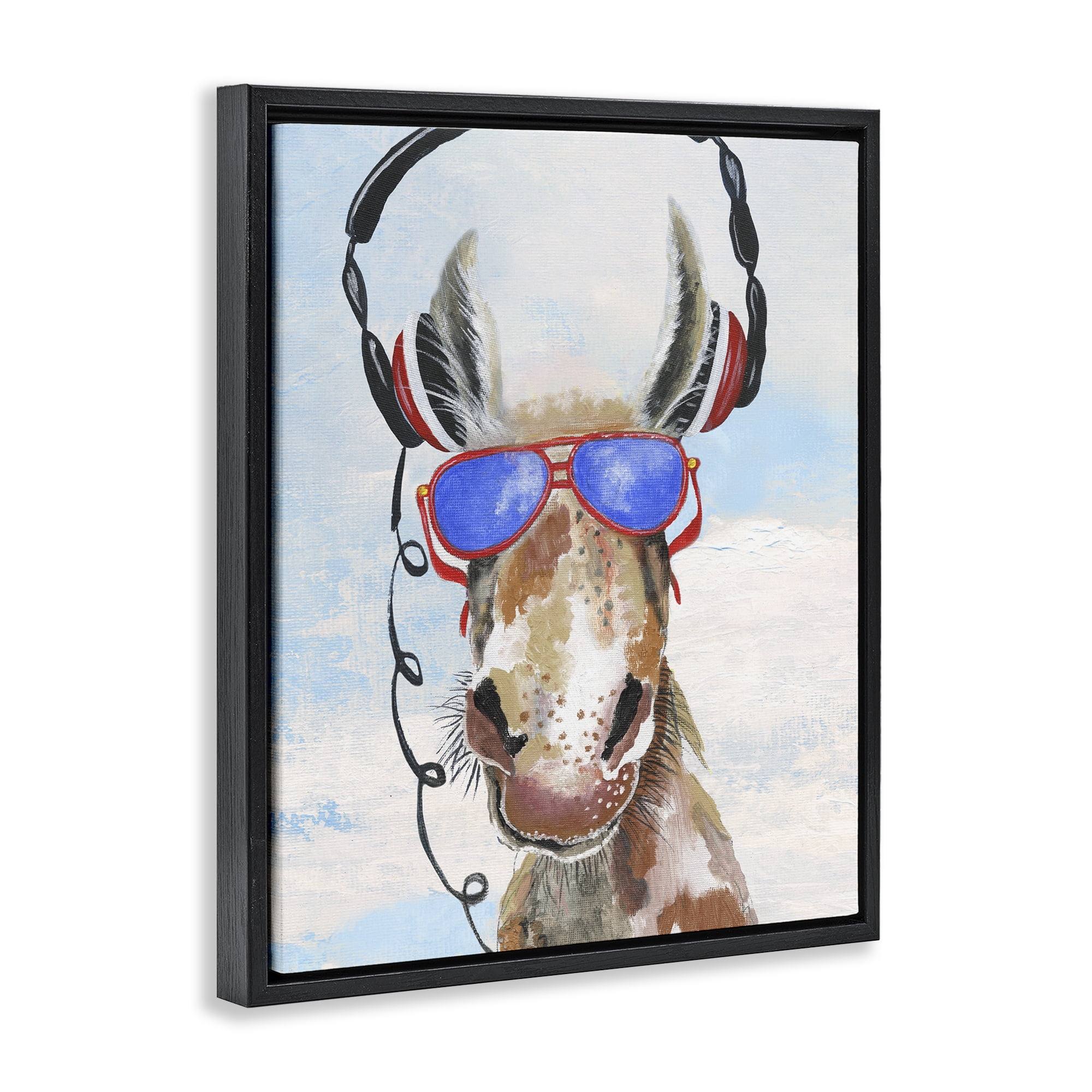 Stupell Industries Donkey Wearing Headphones Black Framed Floater Canvas Wall Art, design by Janet Tava