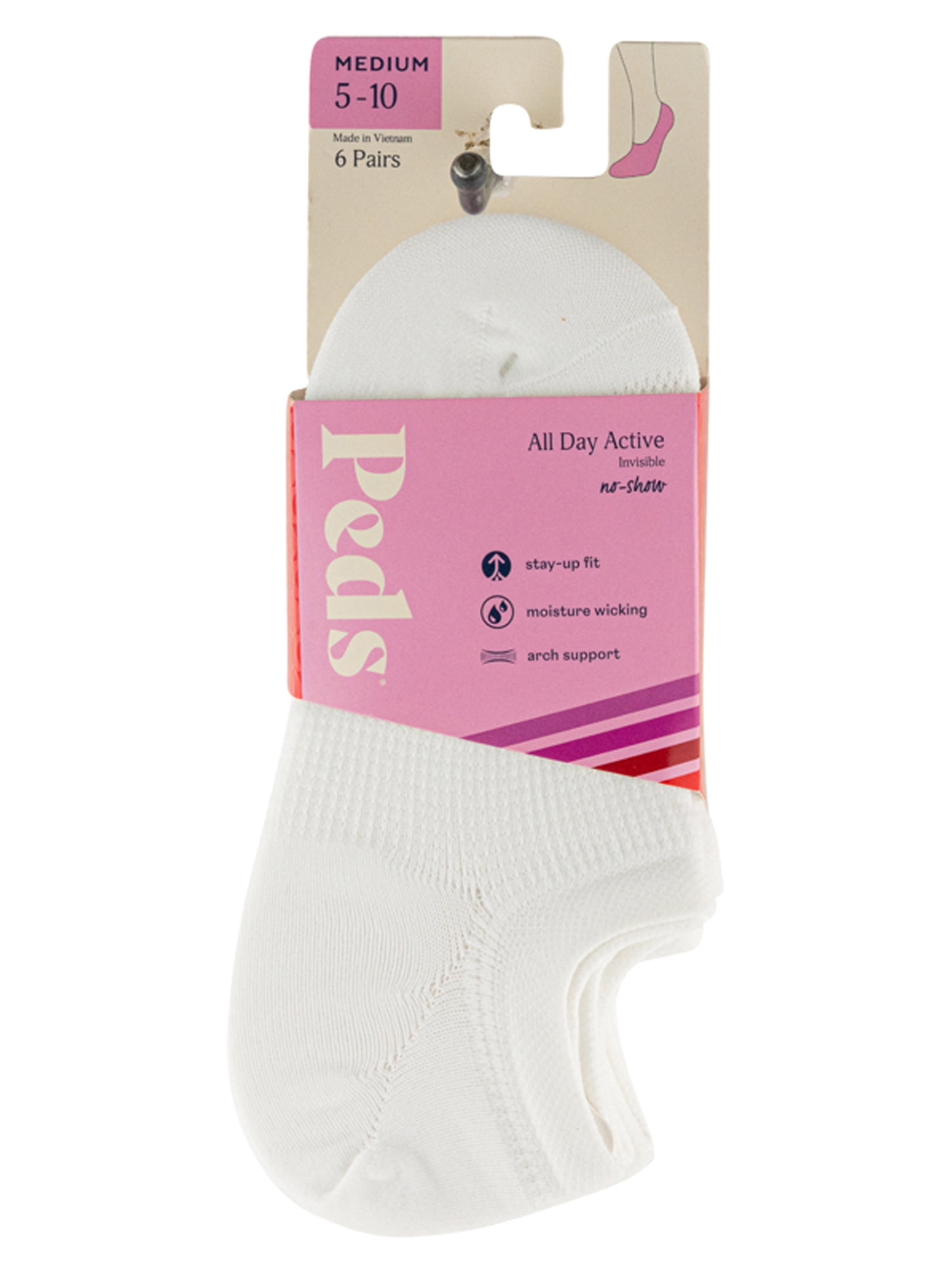 PEDS Women's All Day Active Nylon Invisible Socks White, 6 Pairs, Sizes 5-10