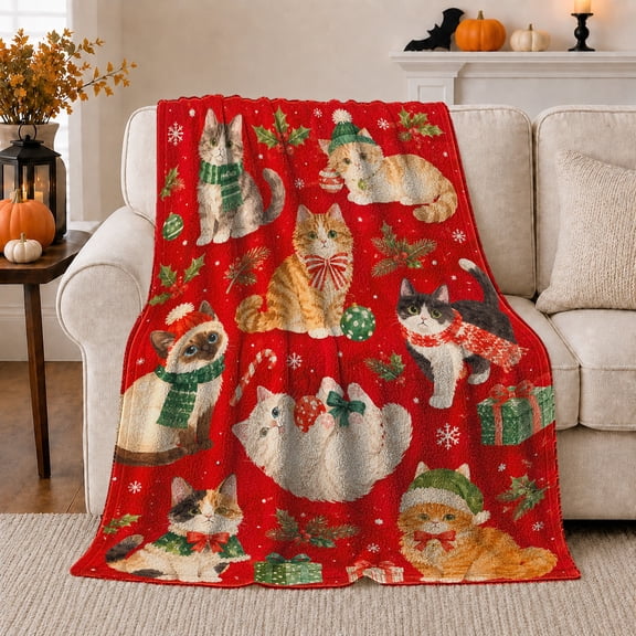 Festive Holiday Cats Vibrant Red Background Christmas, Festive Pet Portrait Pattern, Warm Flannel Blanket for Living Room and Bedroom, Cat Lovers Christmas Gift, Pet Lover Home Decor