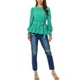 thumbnail image 2 of INSPIRE CHIC Women's Casual Work Top Puff Sleeve Round Neck Tie Waist Peplum Blouse Green M, 2 of 5