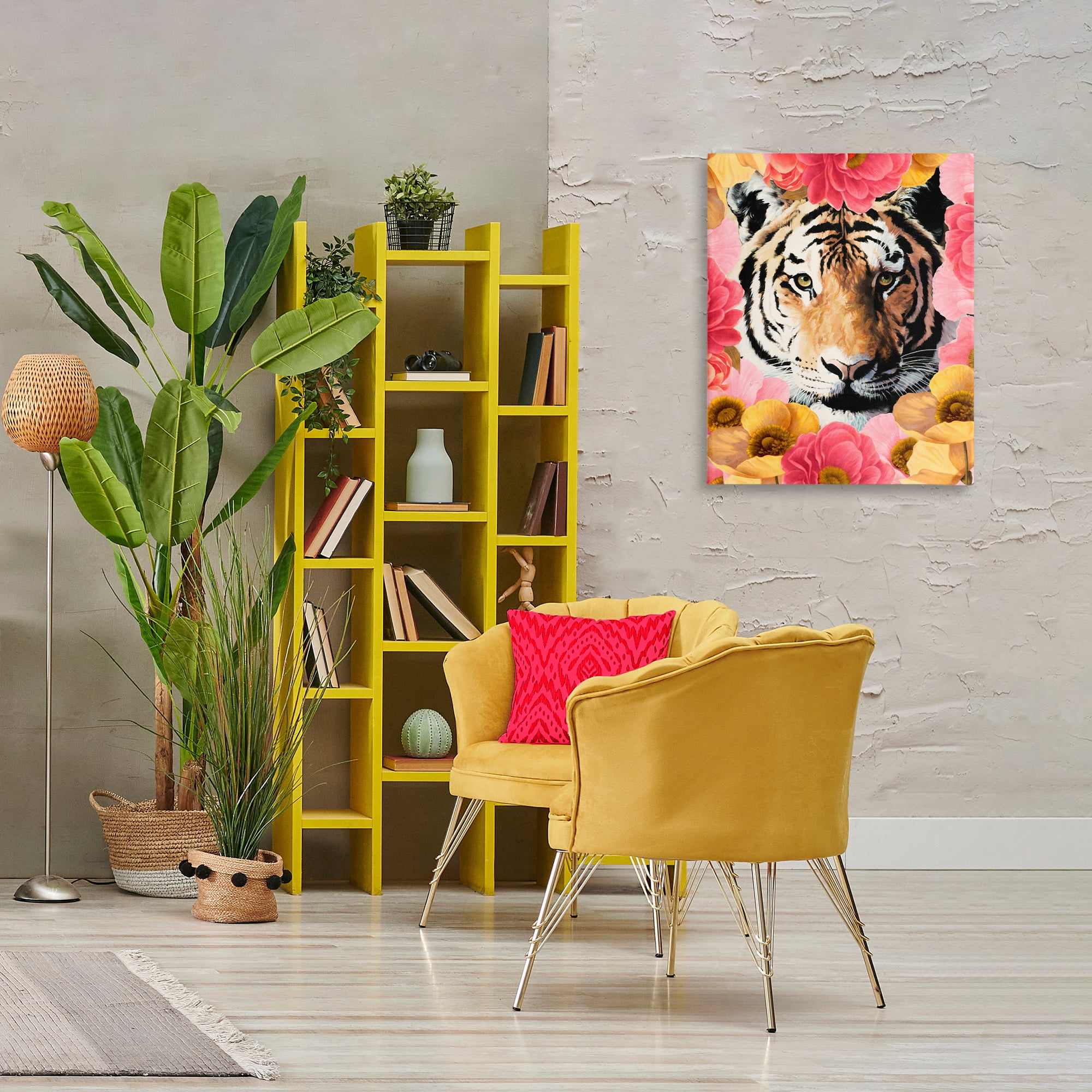 Stupell Industries Tiger on Dahlia Florals Animals Painting Wrapped Canvas Art Print Wall Art, 24 x 30