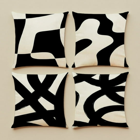 4 Pcs Black Linen Boho Pillow Covers 18x18 Inch - Modern Abstract Geometric Throw Covers for Sofa, Bedroom Decor