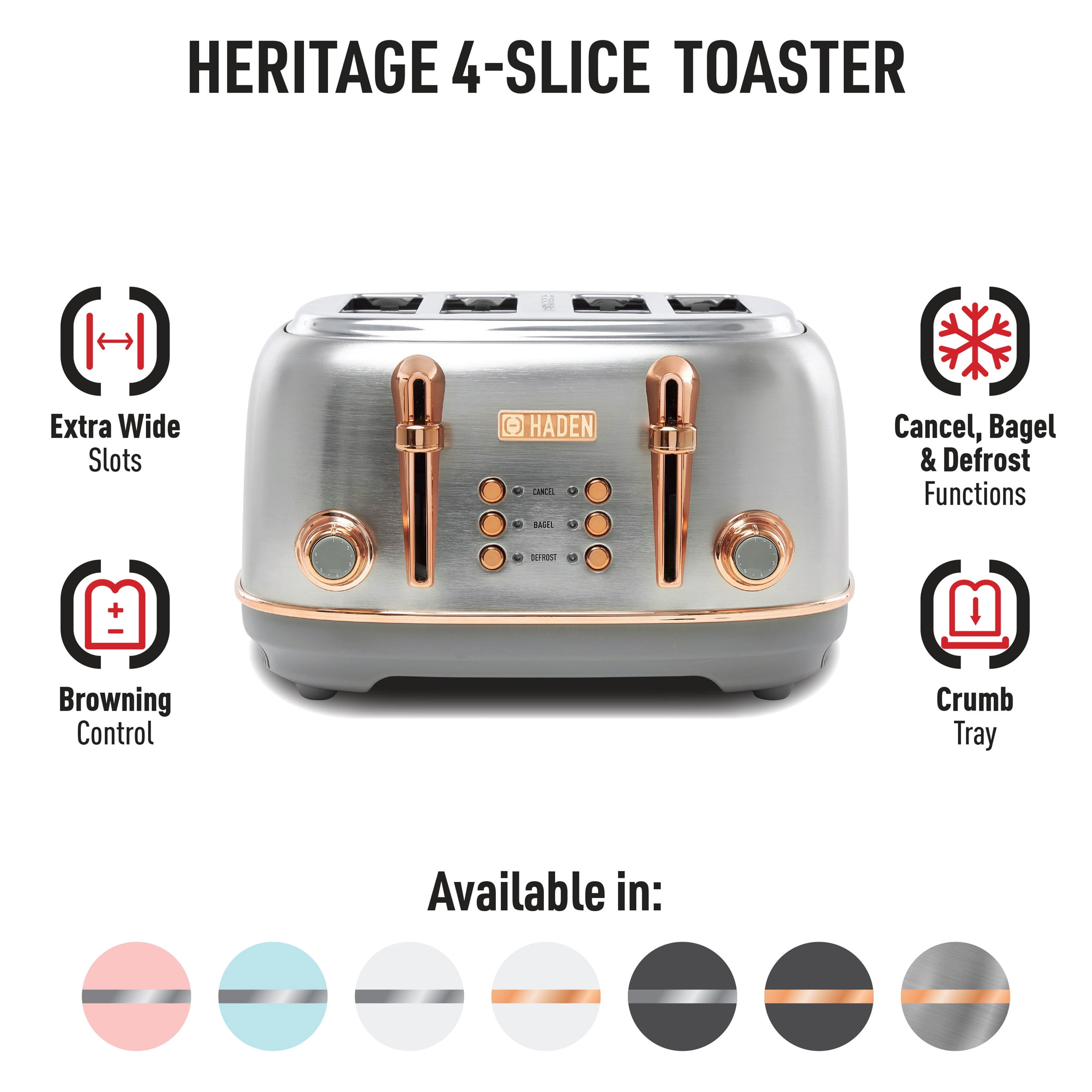 Haden Heritage 4-Slice Wide Slot Toaster, Steel / Copper - 75104