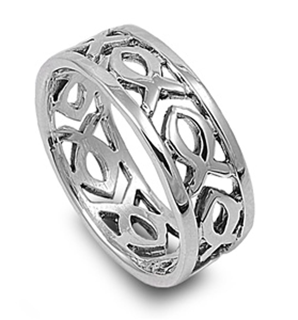Ichthys Fish Celtic Religious Love Genuine Sterling Silver Ring Size 3-12 