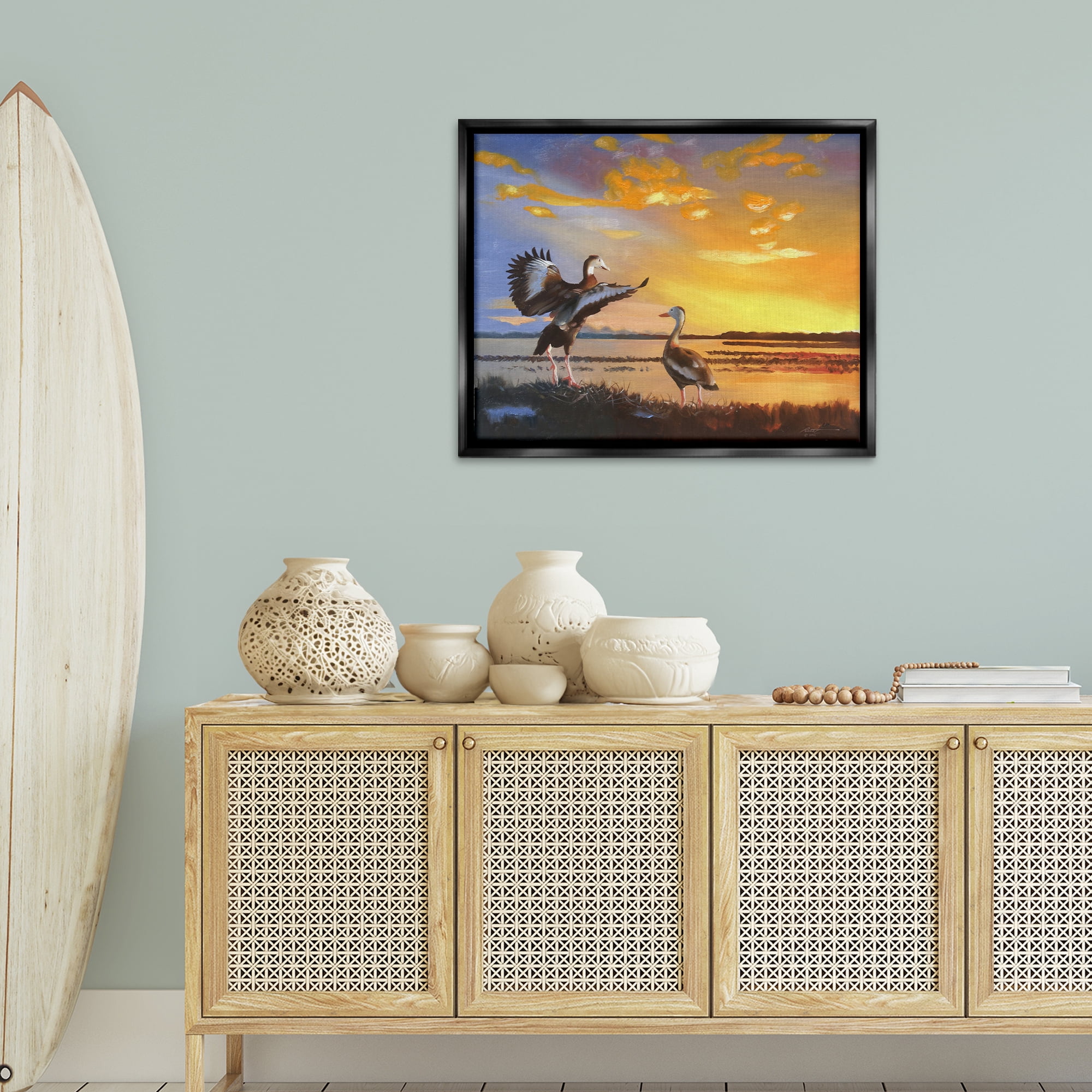 Stupell Industries Beach Birds at Sunset Animals & Insects Painting Black Floater Framed Canvas Art Print Wall Art, 31 x 25