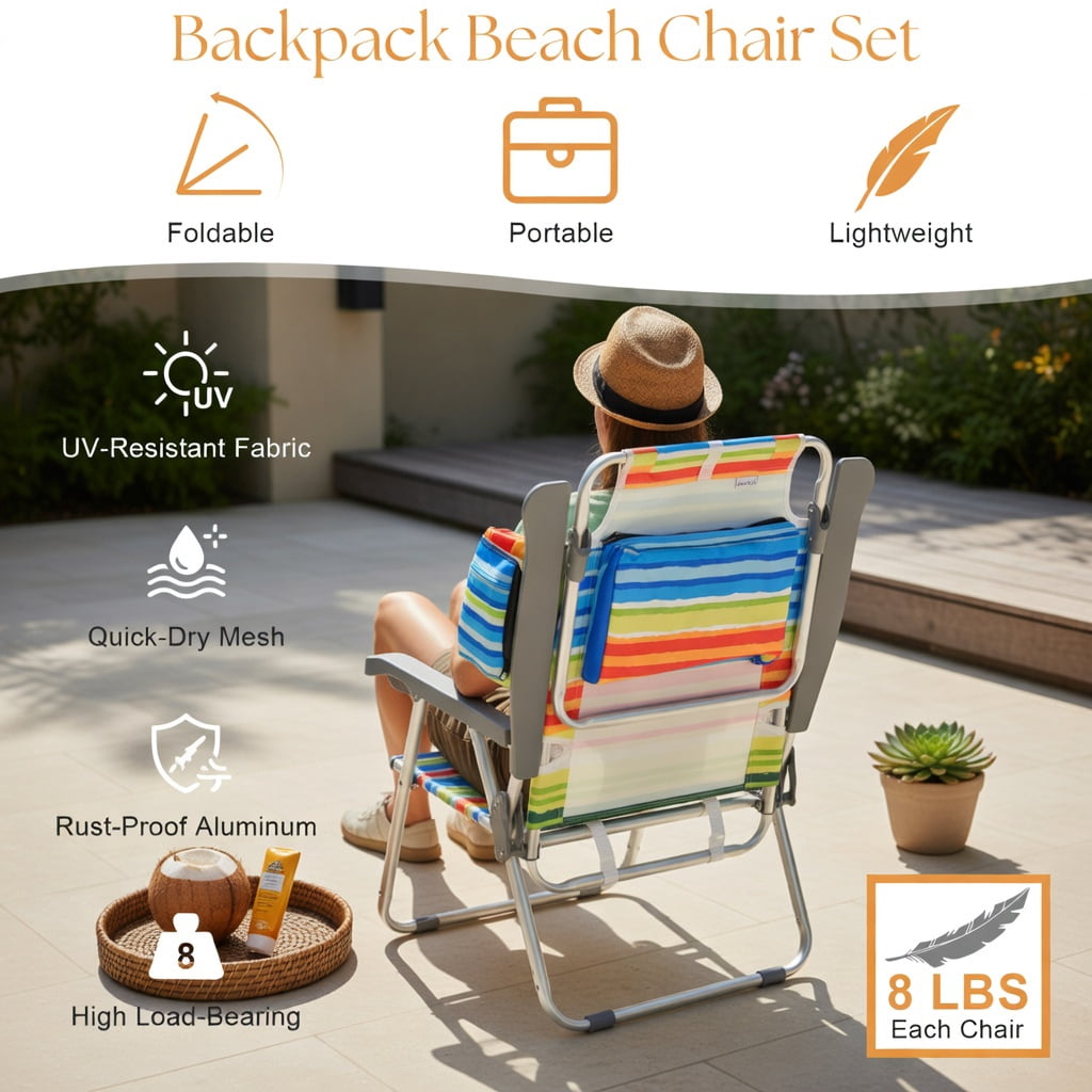 Hommoo 2-Pack Portable 5-Position Aluminum Beach Chair Set with Folding Side Table, Yellow