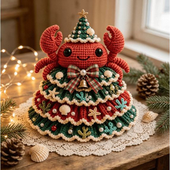 Ocean Themed DIY Crochet Christmas Tree Kit, Christmas Tree Pearl Embellishment,Beginner Christmas Crochet Kit,Handmade Holiday Decoration Set, Christmas Craft Kit, Xmas Party Crochet Decorations