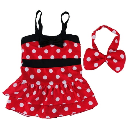 Wenchoice Red White Polkadot 1-Piece Swimming Suit With Bow Head Band  Girls