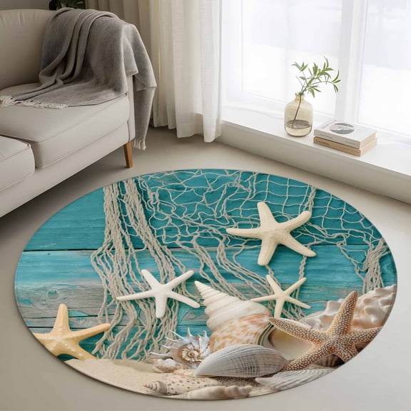 Teal Beach Coastal Round Rug 3ft Washable Circle Entryway Rugs Non Slip Summer Ocean Starfish Shell Conch Area Rug Indoor Floor Carpet for Bedroom Kitchen Living Room Home Office Dining Room Nursery