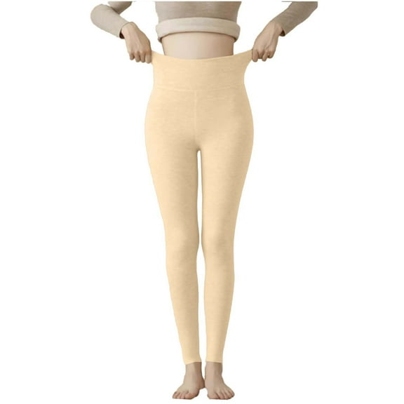 XUNKUSGA Fleece Lined Leggings Women Empire Waist Tummy Compression Womens Leggings Warm Solid Color Thick Leggings Pants Stretchy High Waisted Tights for Women M-2XL Beige