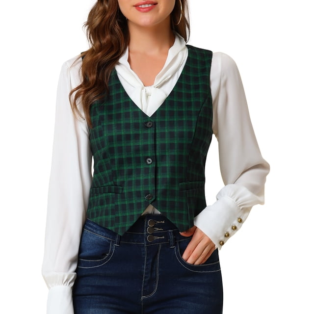 INSPIRE CHIC Veste Sans Manches à Carreaux Extensible Asymétrique pour Femme, Col en V, Taille Froncée, Boutonnée, Verte 2TG