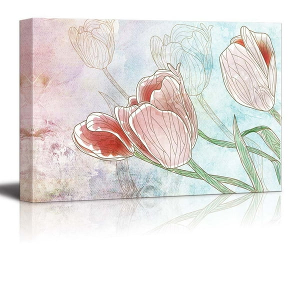wall26 Sketches of Tulips Placed on a Vintage Watercolor Painted Background - Canvas Art Home Art - 16x24 inches