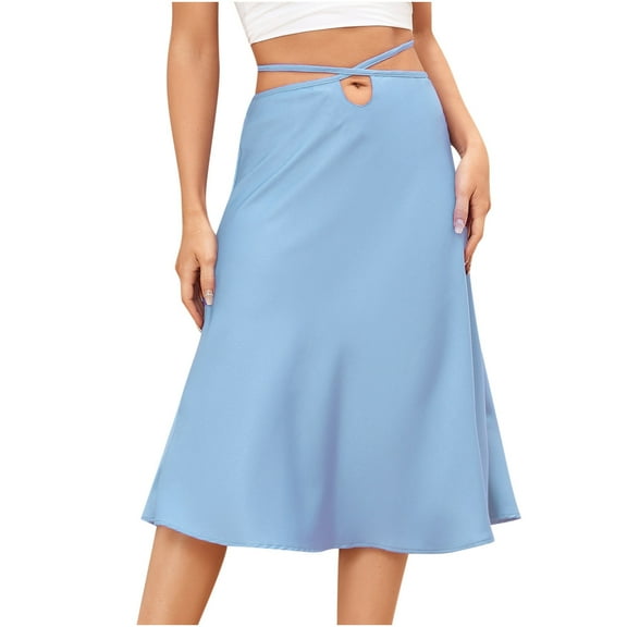 Mrat Ruffle Skirt Women's Casual Fashion Solid Color Zipper Satin Skirt Navel Temperamental Commute Skirt Long Skirt S-66 Blue M