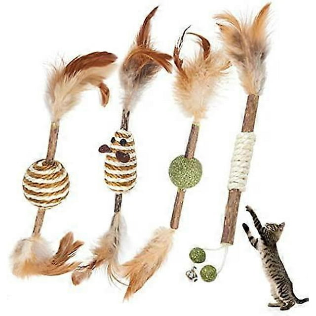 YOITEA Silvervine Stick Toy Cute: 4PCS Funny Portable Fake Feather Cat Chew Toy Kitten Catnip Toy Training Animal Anxiety Relief Funny