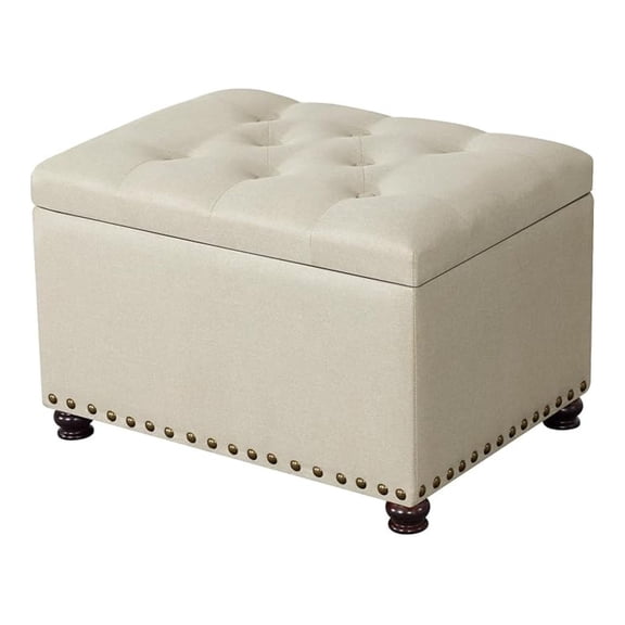 24" Storage Ottoman with Hinged Lid, Tufted Fabric Ottoman for Living Room and Bedroom, Large Ottoman Foot Rest Stool, End of Bed Storage Beige Bronze Rivets