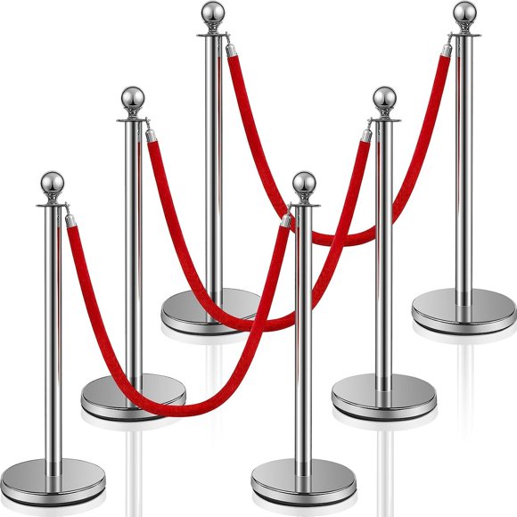 Bingirl 4 Pcs 2025 Prom Stainless Steel Stanchion 5 ft Velvet Carpet Ropes and Pole Crowd Control Barriers Grand Opening Casino Movie Theme Party 360 Photo Booth Accessorie