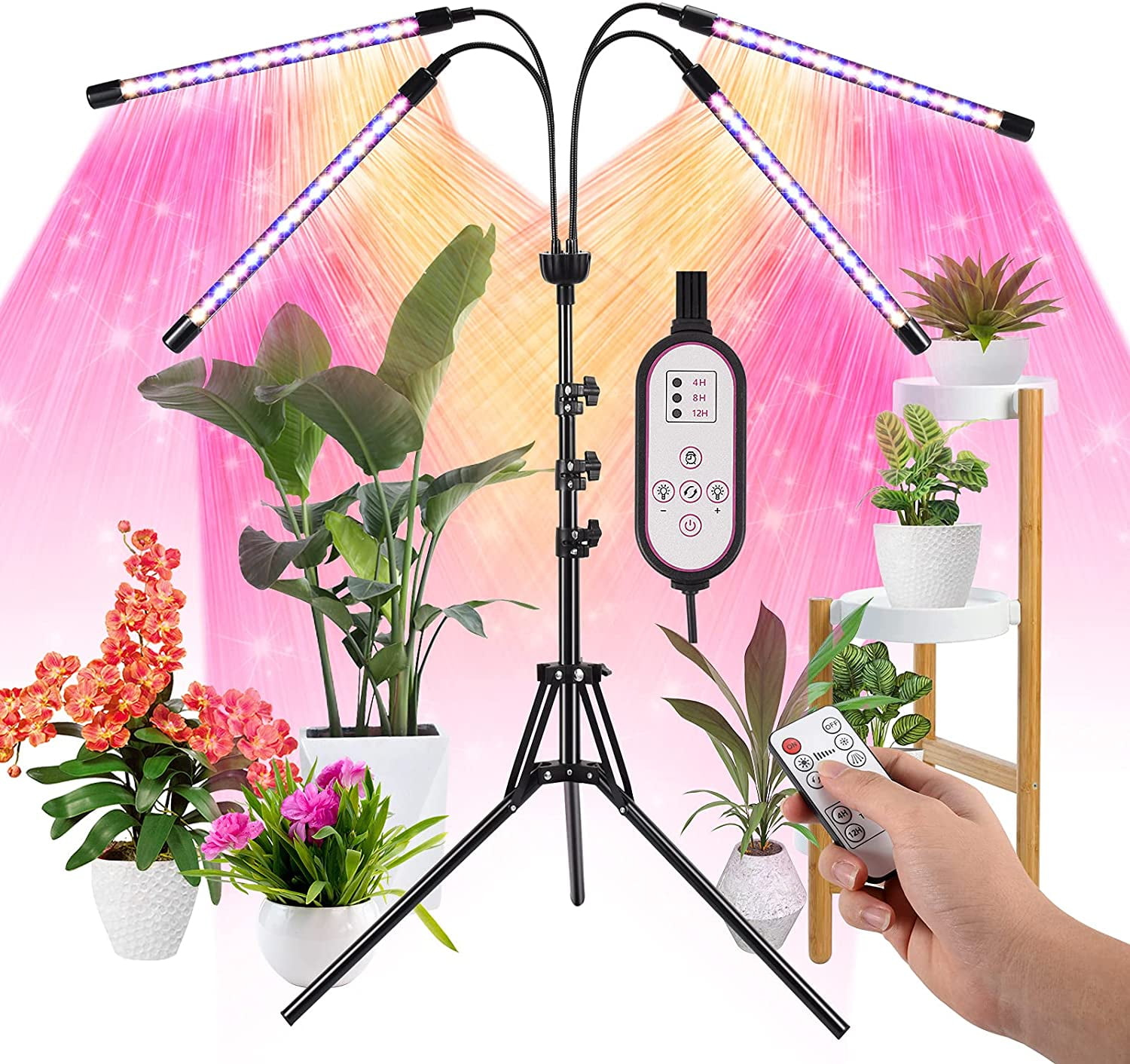 LED Grow Light with Stand,Juhefa Tri-Head Plant Light with Red Blue Spectrum for Indoor Plants 3 Lighting Modes & 10 Levels Dimmable,Timing 3/9/12H,Tripod Adjustable 15-47 Inch 