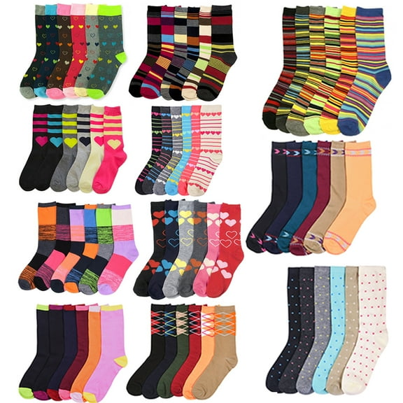 6 Pairs Womens Fashion Crew Socks Pattern Stripes Hearts Casual Size 9-11 Unisex