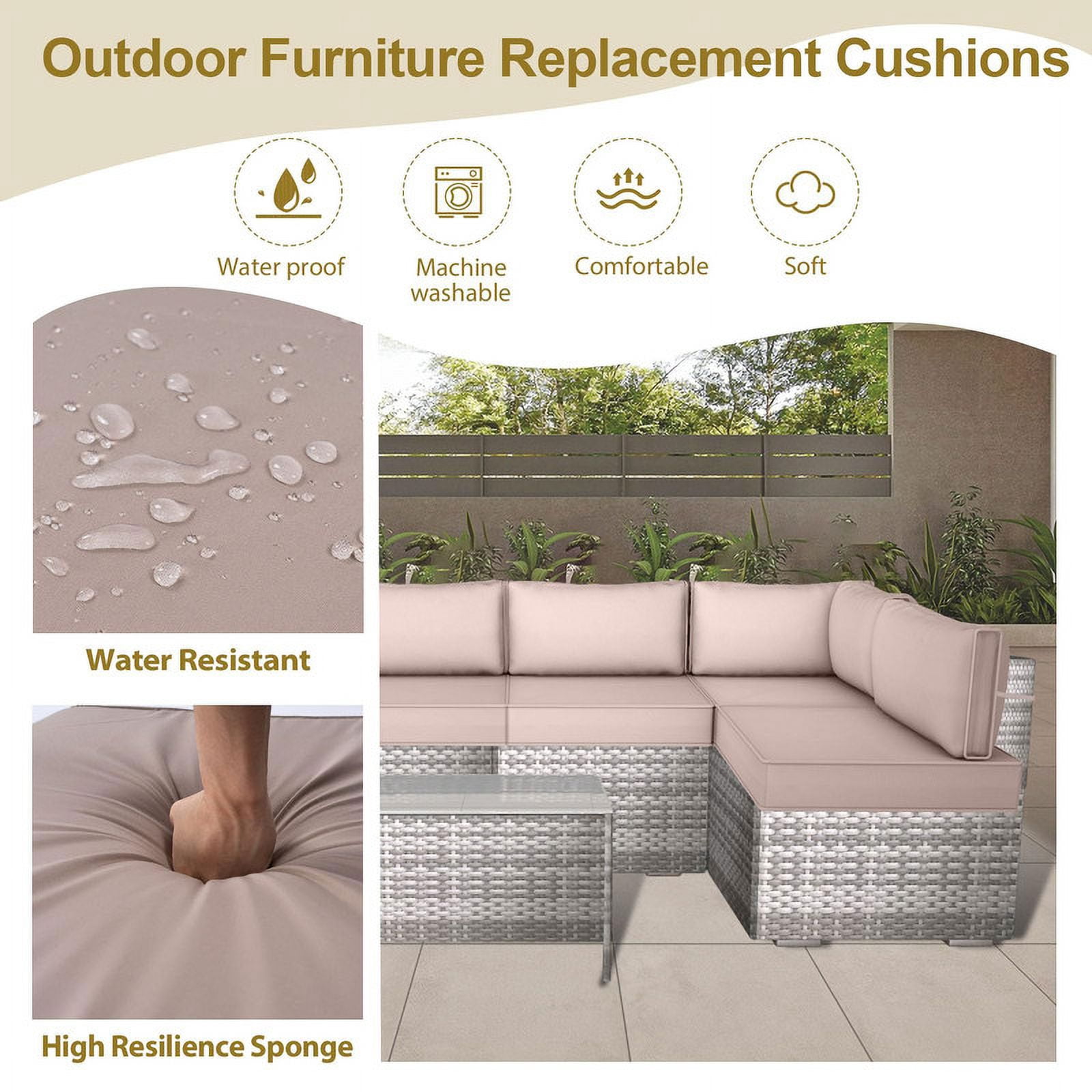 Outdoor Replacement Cushions for Patio Furniture,14-Piece Patio Water-Resistant Replacement Sofa Cushions Fits 6-seat Sectional Rattan Conversation Set,Liner&Cover