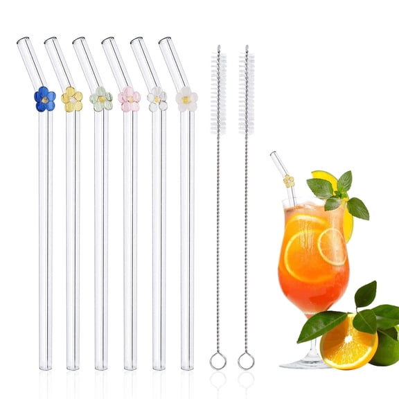 Reusable Glass Straws with Handmade Flowers, Heat-Resistant, 6-Pack & 2 Cleaning Brushes