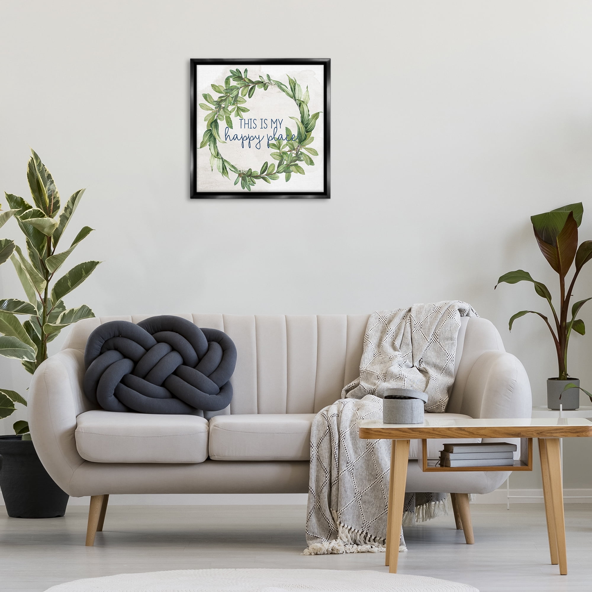 Stupell Industries Happy Place Wreath Plants & Flowers Painting Black Floater Framed Canvas Art Print Wall Art, 25 x 25