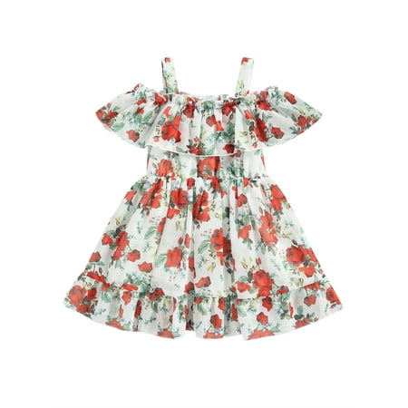 

Toddler Girl Summer Clothes Spaghetti Strap Sleeveless Princess Ruffle Chiffon A-line Tulle Tutu Floral Dress