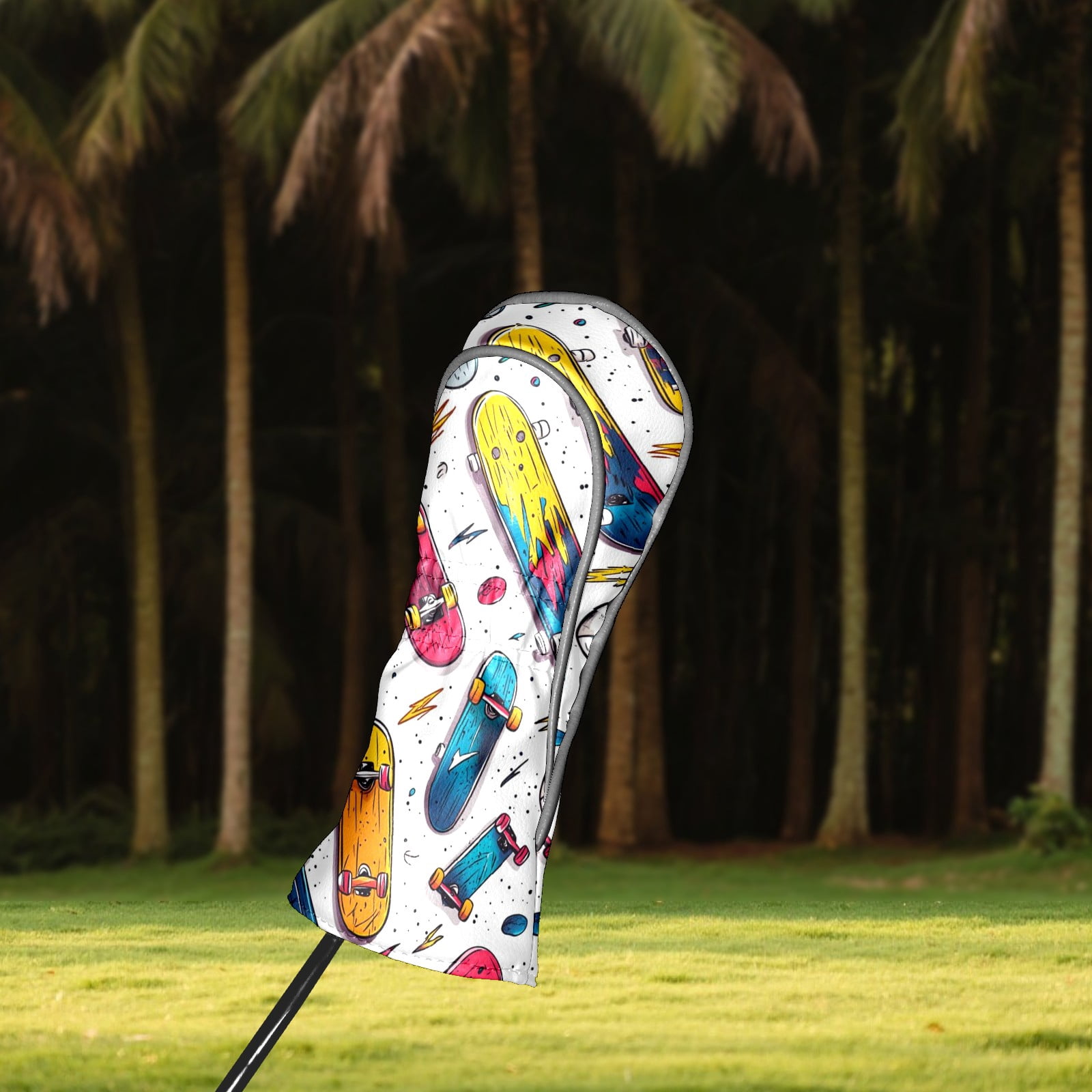 Golf Head Covers Skateboard Pattern for Driver, Wood & Hybrid, Premium Waterproof PU Leather with Plush Lining, Cool Sports Golf Gifts