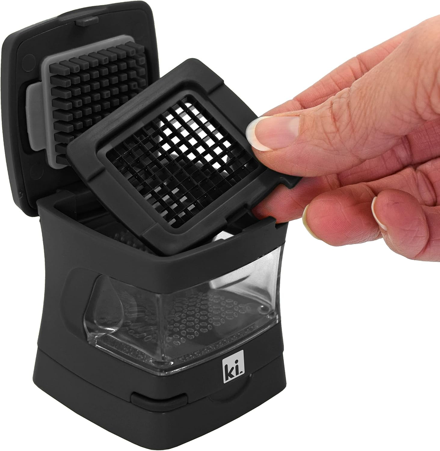 Kitchen Innovations Garlic-A-Peel Garlic Press, Crusher, Cutter, Mincer, and Storage Container - Includes Silicone Garlic Peeler - Easy to Clean - Stainless Steel Blades ‚Äì (Black), standard