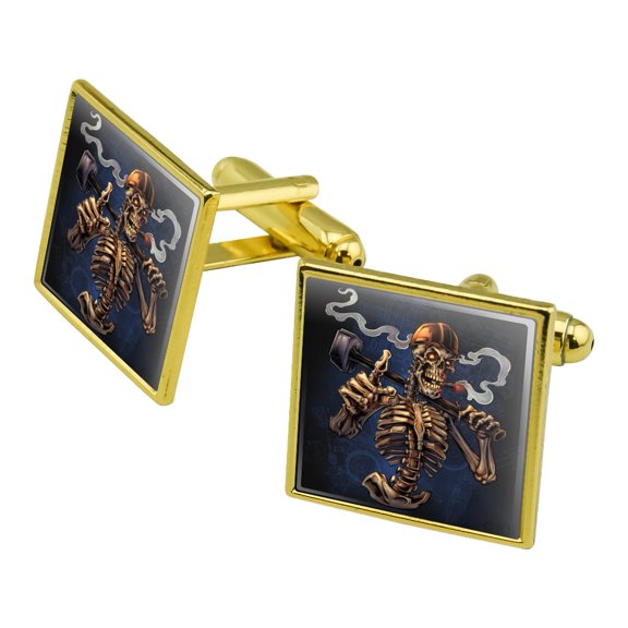 Construction Worker Sledgehammer Smoking Skeleton Square Cufflink Set - Silver or Gold